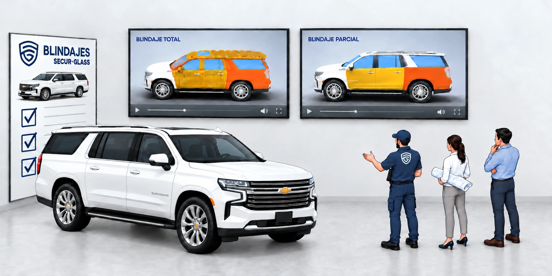 Ilustración de una Chevrolet Suburban blanca en el piso y en el letrero del proyecto, con tres personas frente a dos pantallas de blindaje total y estratégico