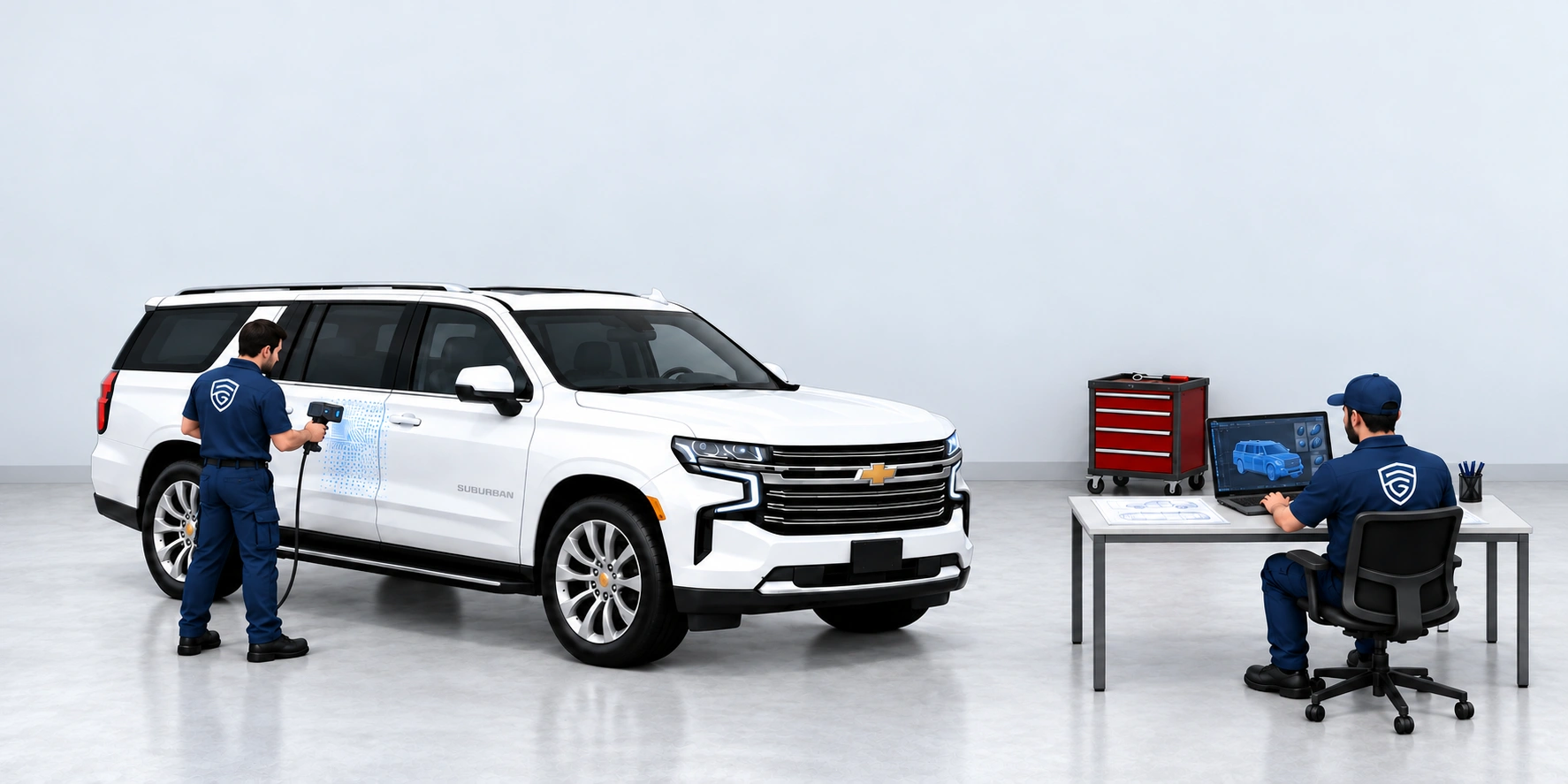 En la planta, un técnico escanea una Chevrolet Suburban y otro trabaja en una laptop; dos pantallas cuelgan en la pared y un carrito rojo de herramientas queda detrás del escritorio