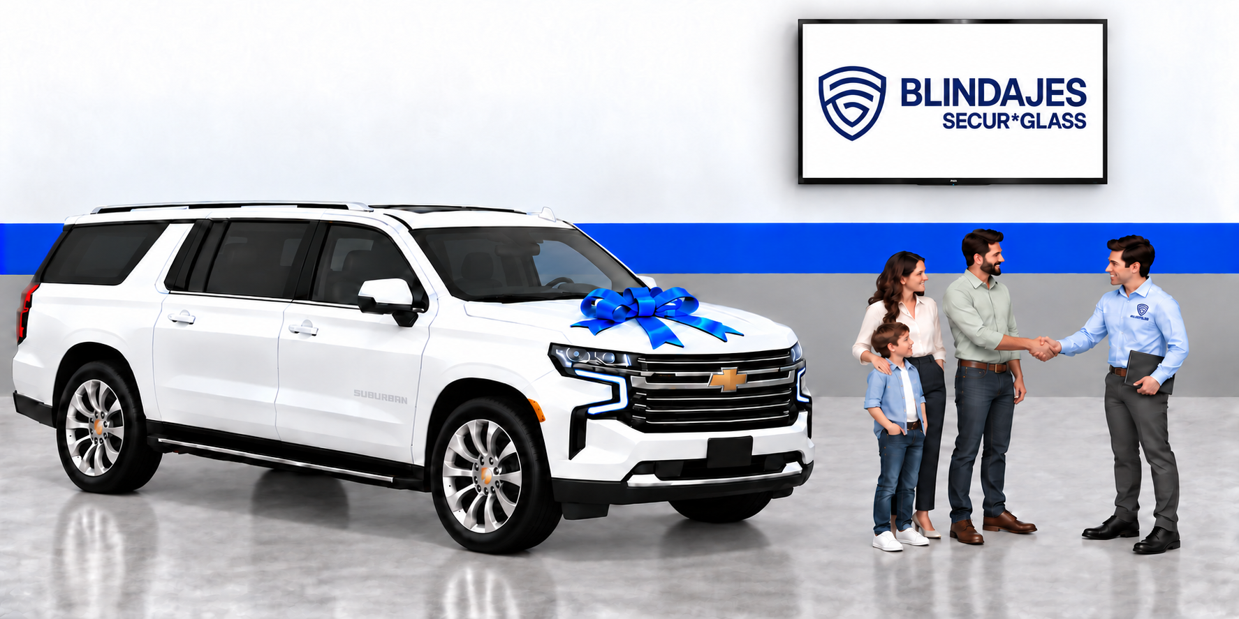 Ilustración de una familia recibiendo una Chevrolet Suburban blanca con moño azul; el padre con camisa verde claro estrecha la mano del asesor comercial, que lleva un logotipo de SecurGlass en su camisa azul claro, acompañado por la madre y su hijo; una pantalla muestra el logotipo de SecurGlass al fondo