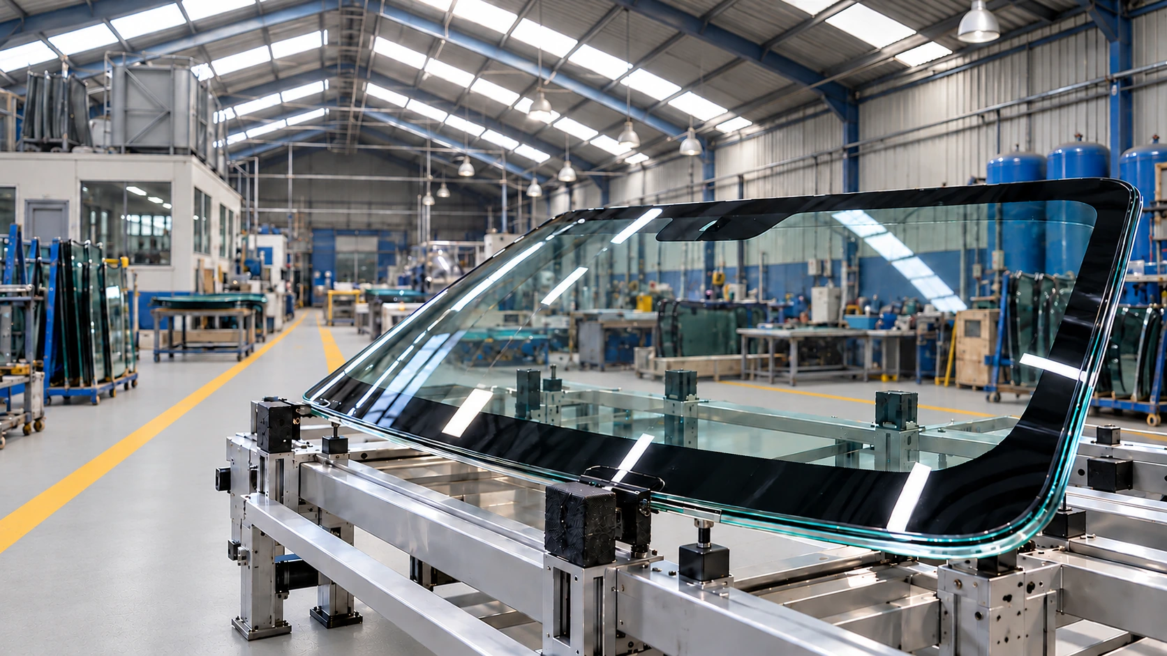 Recreación de un cristal automotriz laminado sobre un soporte de fabricación, en una nave industrial; imagen de portada de Cristal Blindado