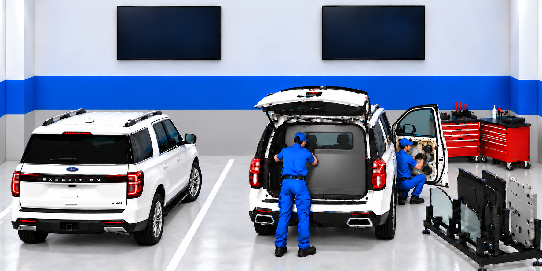 Planta SecurGlass con una Ford Expedition y una Chevrolet Suburban blancas, separadas y alineadas por la parte trasera; dos técnicos instalan protección y una mampara gris con cristal ligeramente azulado