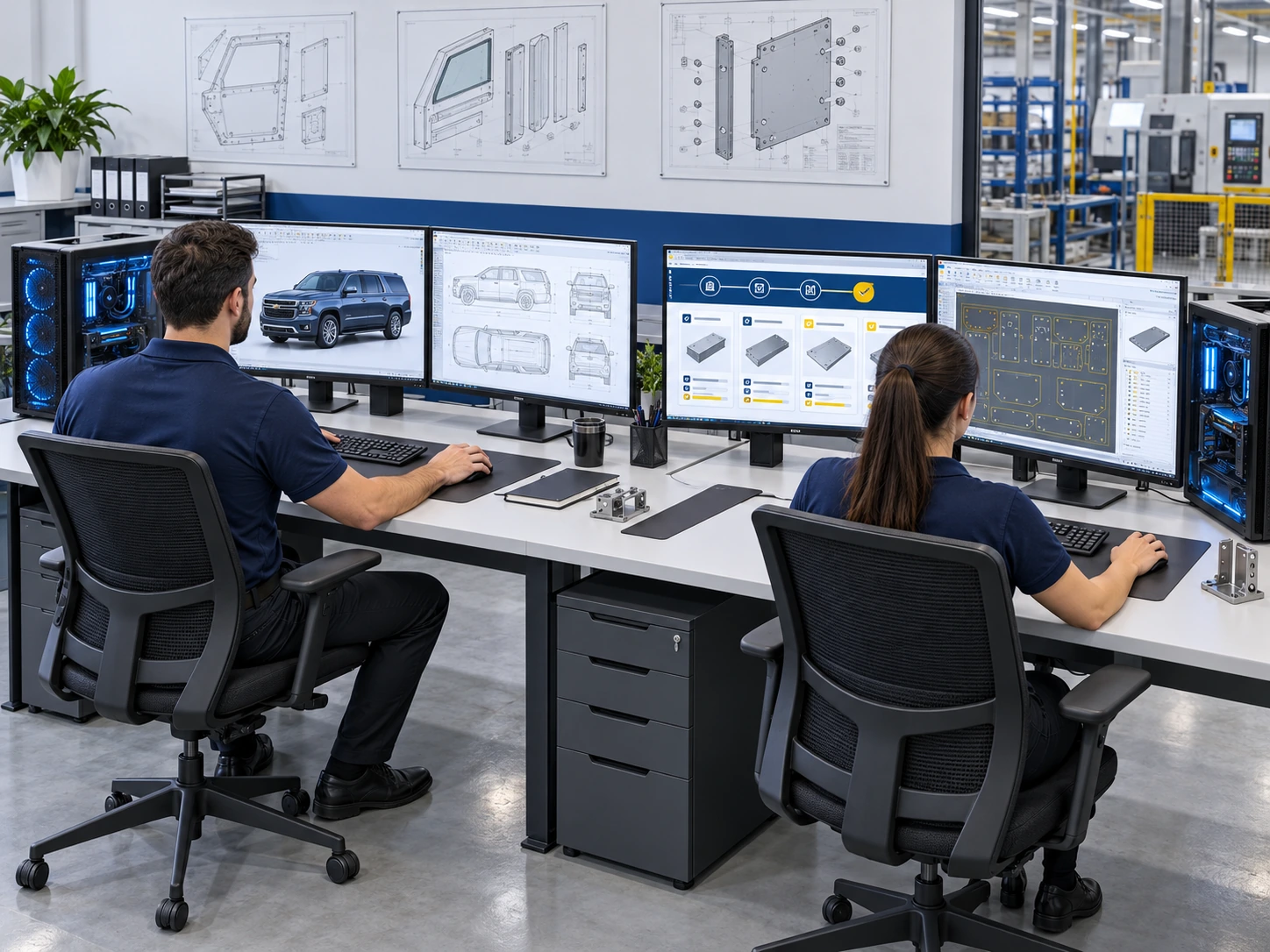 Ilustración de dos operadores en la zona de gestión digital, con computadoras de alto rendimiento y pantallas de diseño 3D, planos, gestión de procesos y corte CNC