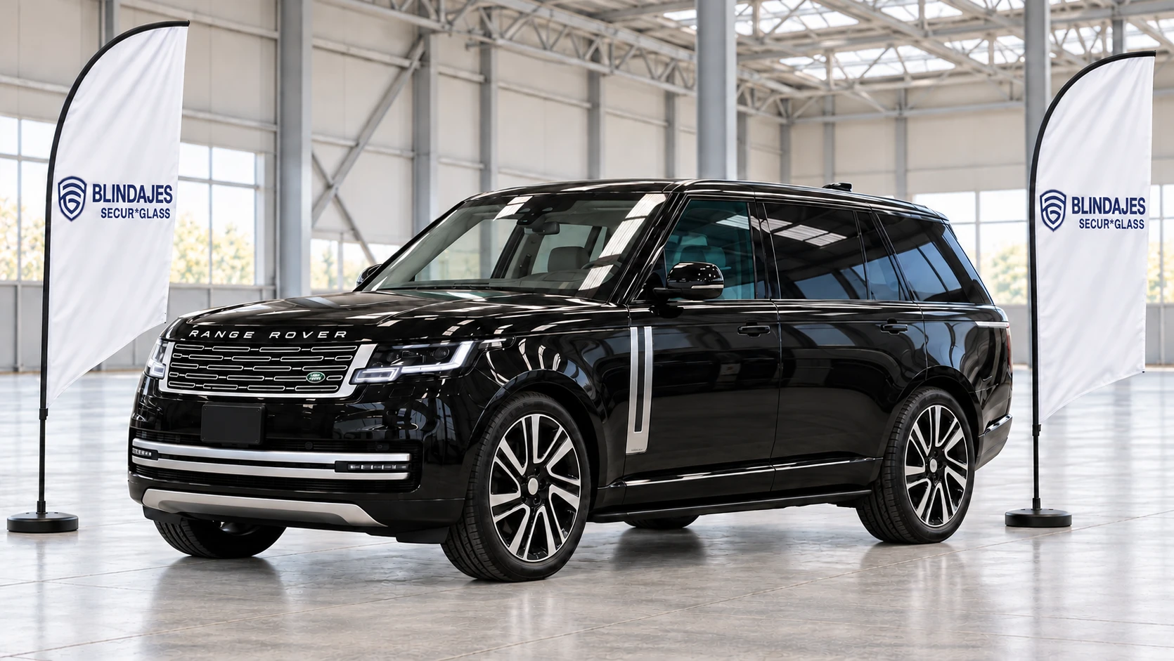Range Rover negra con blindaje estratégico, en nave industrial con banderines SecurGlass